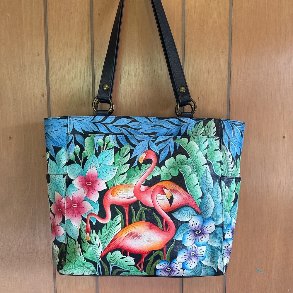 Large tropical hand-painted Anuschka tote bag purse made of genuine leather